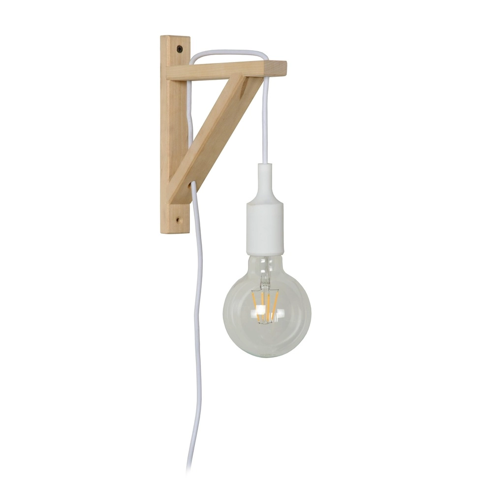 Houten wandlamp Fix met wit snoer
