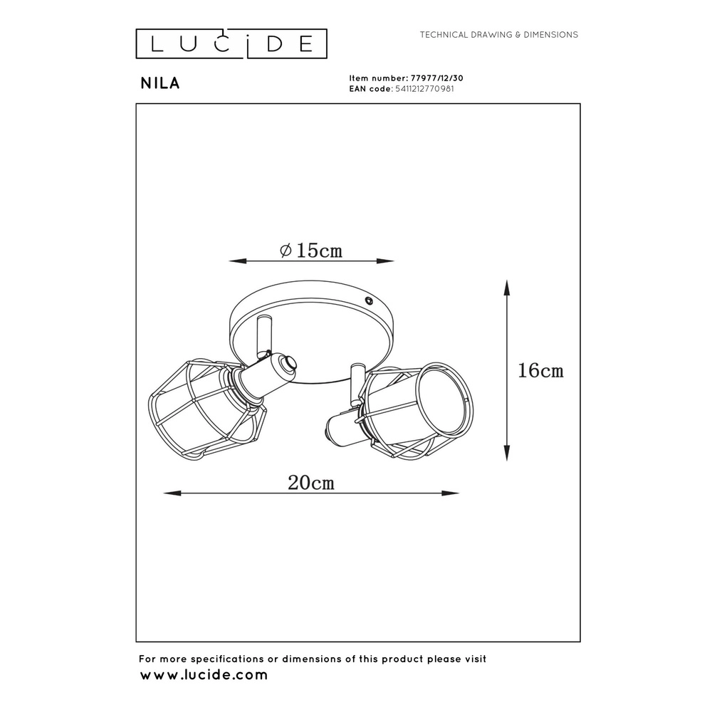 Plafondlamp Nila 2-lichts zwart Lucide 5411212770981