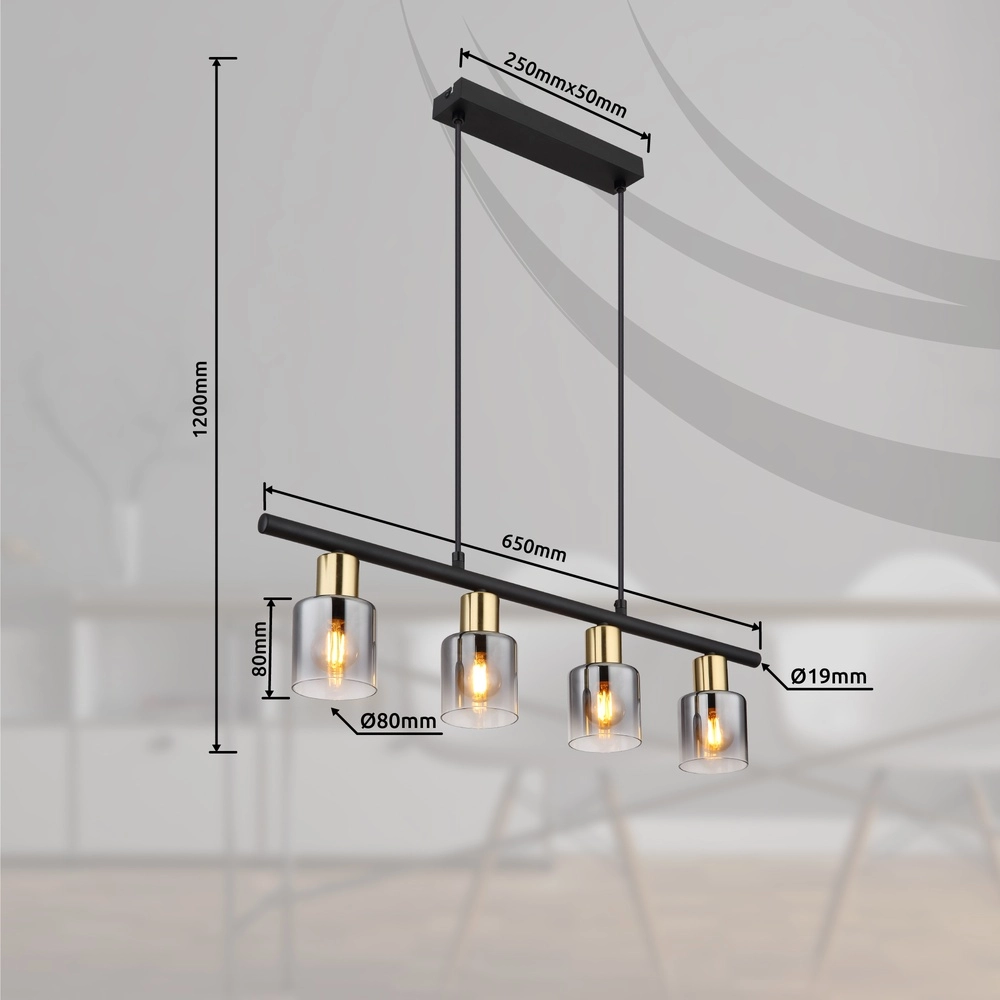 4-lichts hanglamp Hollsy zwart met smoke glas Globo 9007371454853