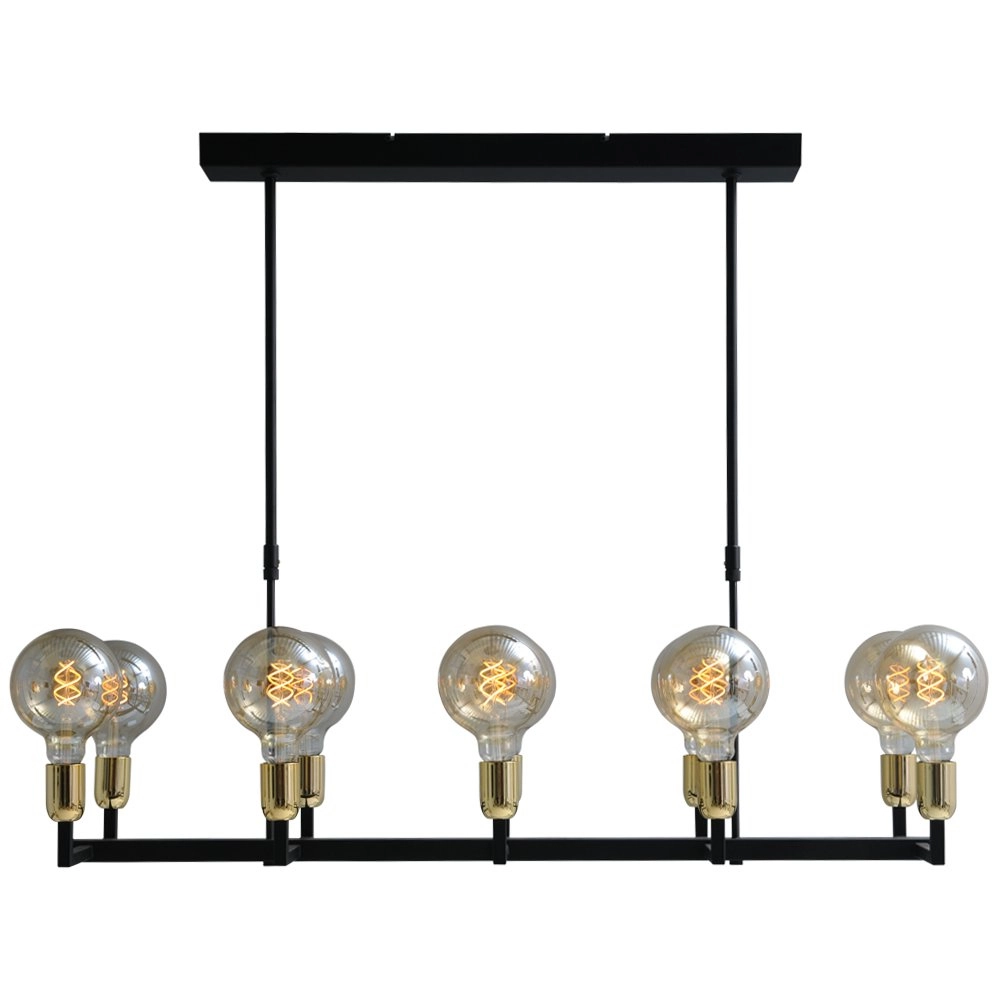 Zwarte eetkamer hanglamp Tube 10-lichts gouden fittingen