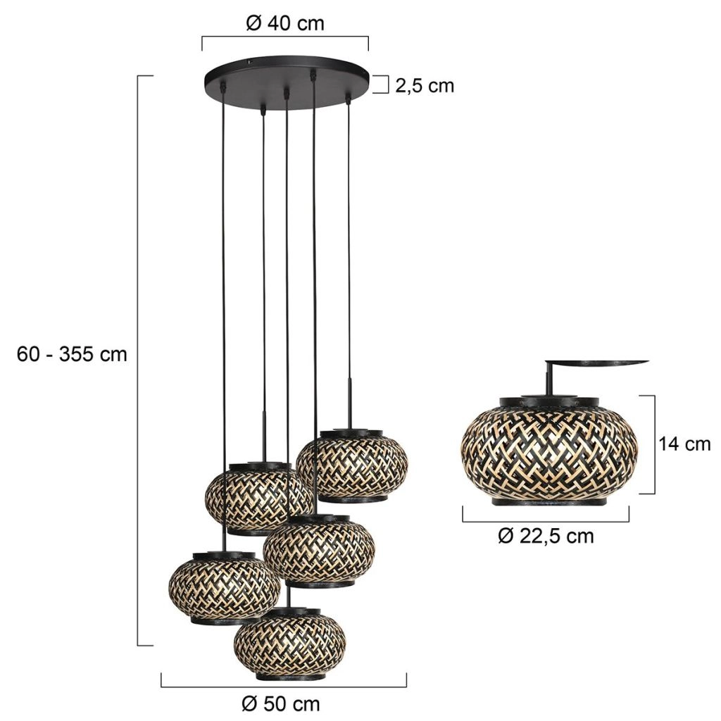 5-lichts hanglamp Nox Light met bamboe kappen Steinhauer 8712746183177