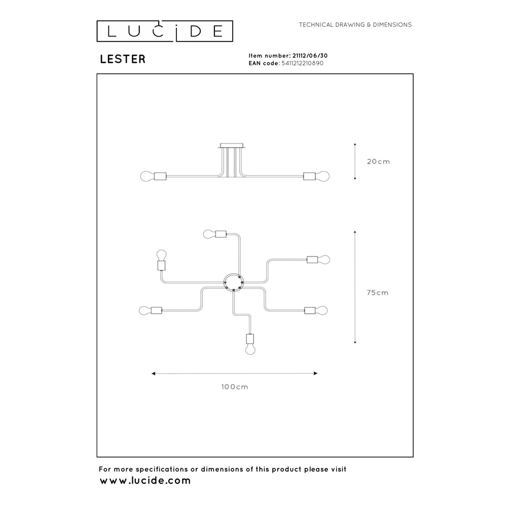 Plafondlamp Lester 6-lichts zwart Lucide 5411212210890