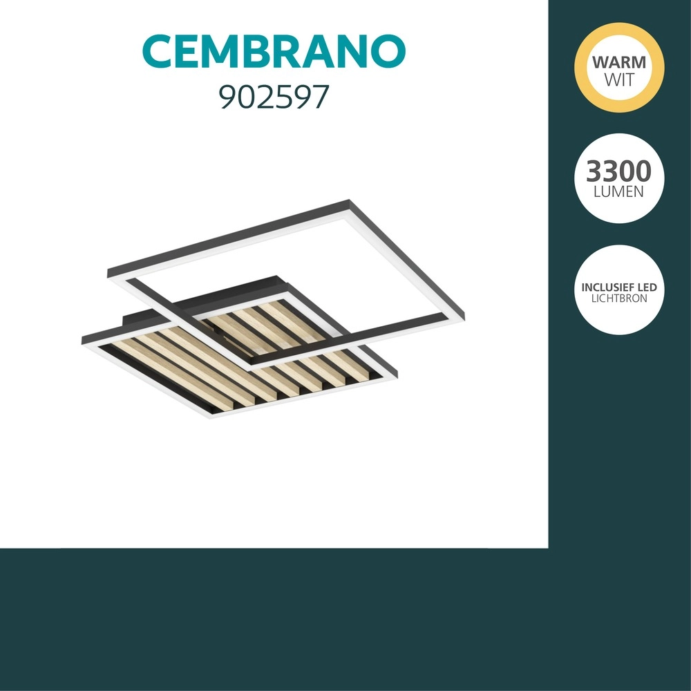 Moderne plafondlamp Cembrano zwart met hout vierkant 48,5 x 48,5 cm Eglo 9008606388226