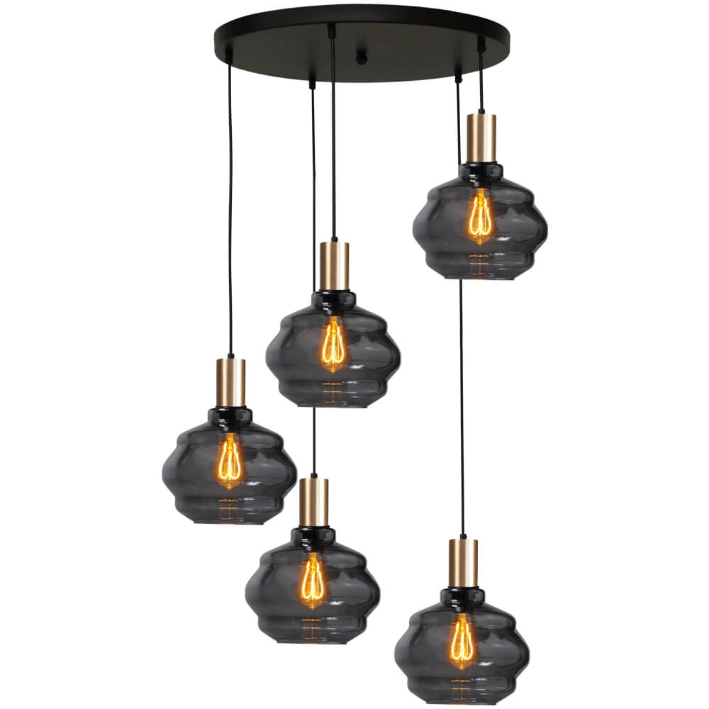 5-lichts vide hanglamp - goud - Porto met Ball smoke glazen - Ø 24cm