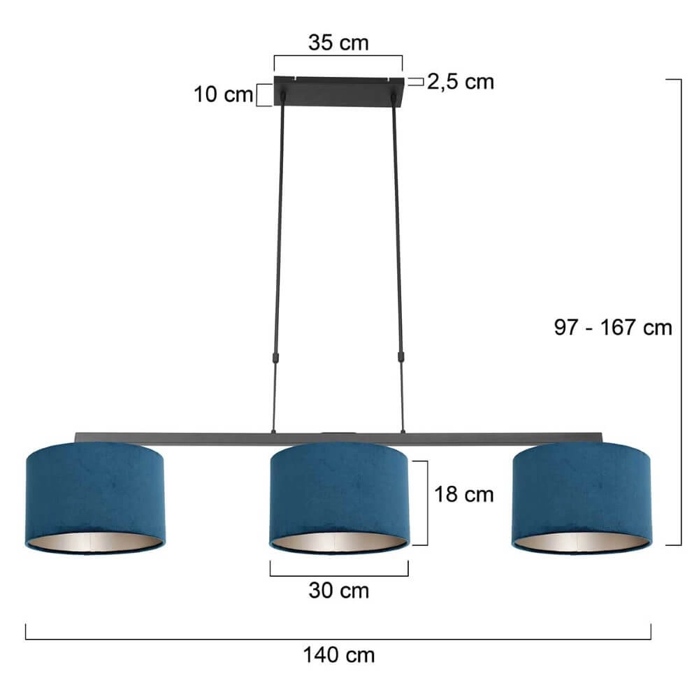 Zwarte hanglamp Stang met blauwe velours kappen Steinhauer 8712746165807