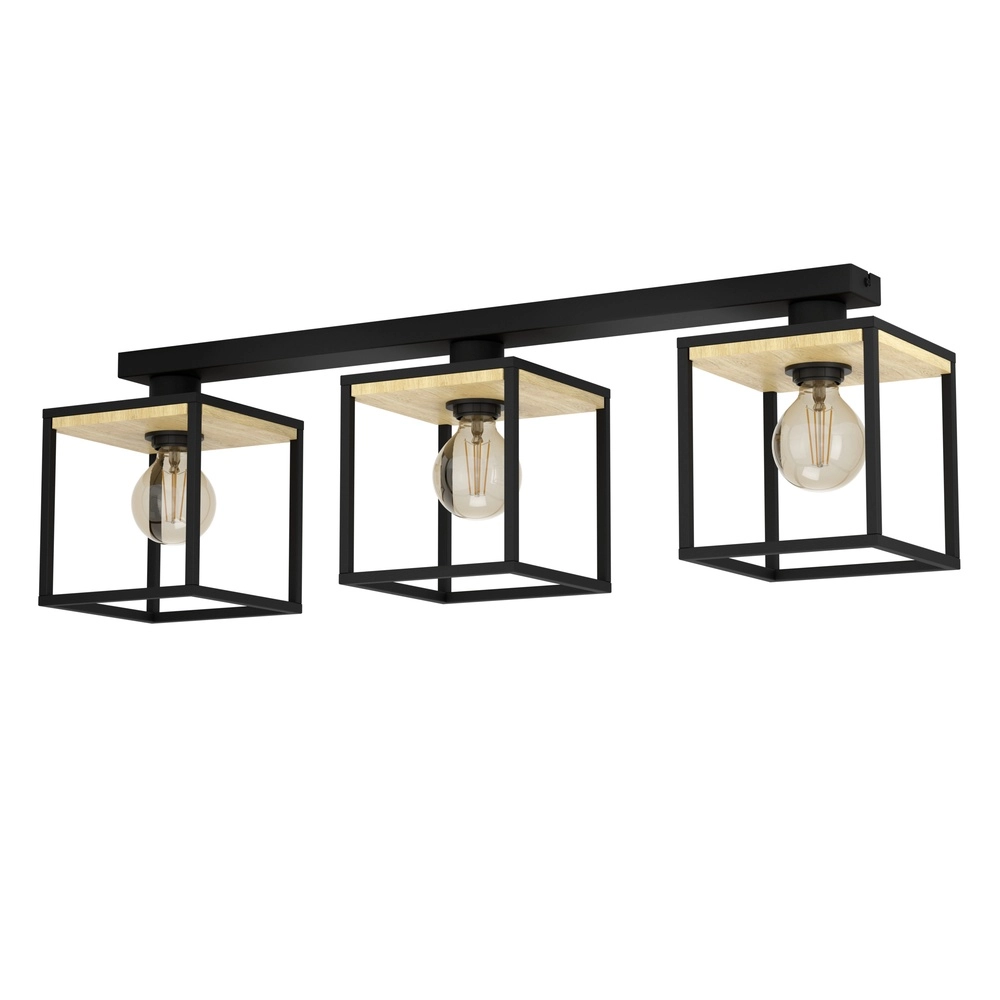 3-lichts plafondlamp Libertad zwart met hout