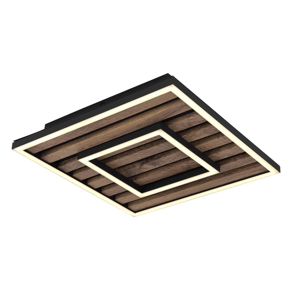 Plafondlamp Woody zwart met hout vierkant 30cm