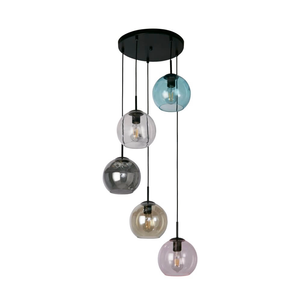 5-lichts hanglamp Mardi Gras II met meerdere kleuren glas