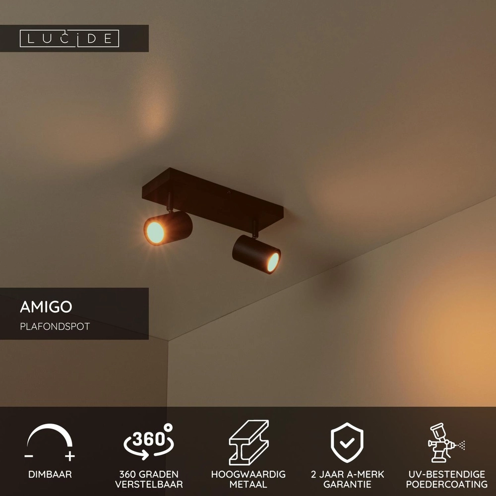 Plafondlamp Amigo 2-lichts zwart Lucide 5411212531018