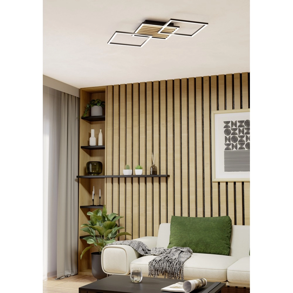 Moderne plafondlamp Cembrano zwart met hout vierkant 92,5cm Eglo 9008606388240