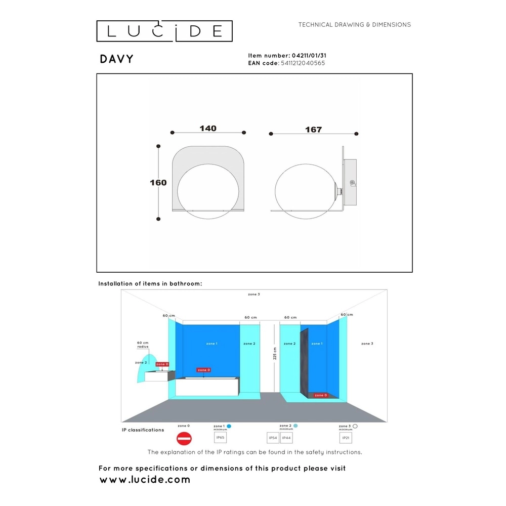 Design wandlamp Davy wit geschikt voor badkamer Lucide 5411212040565