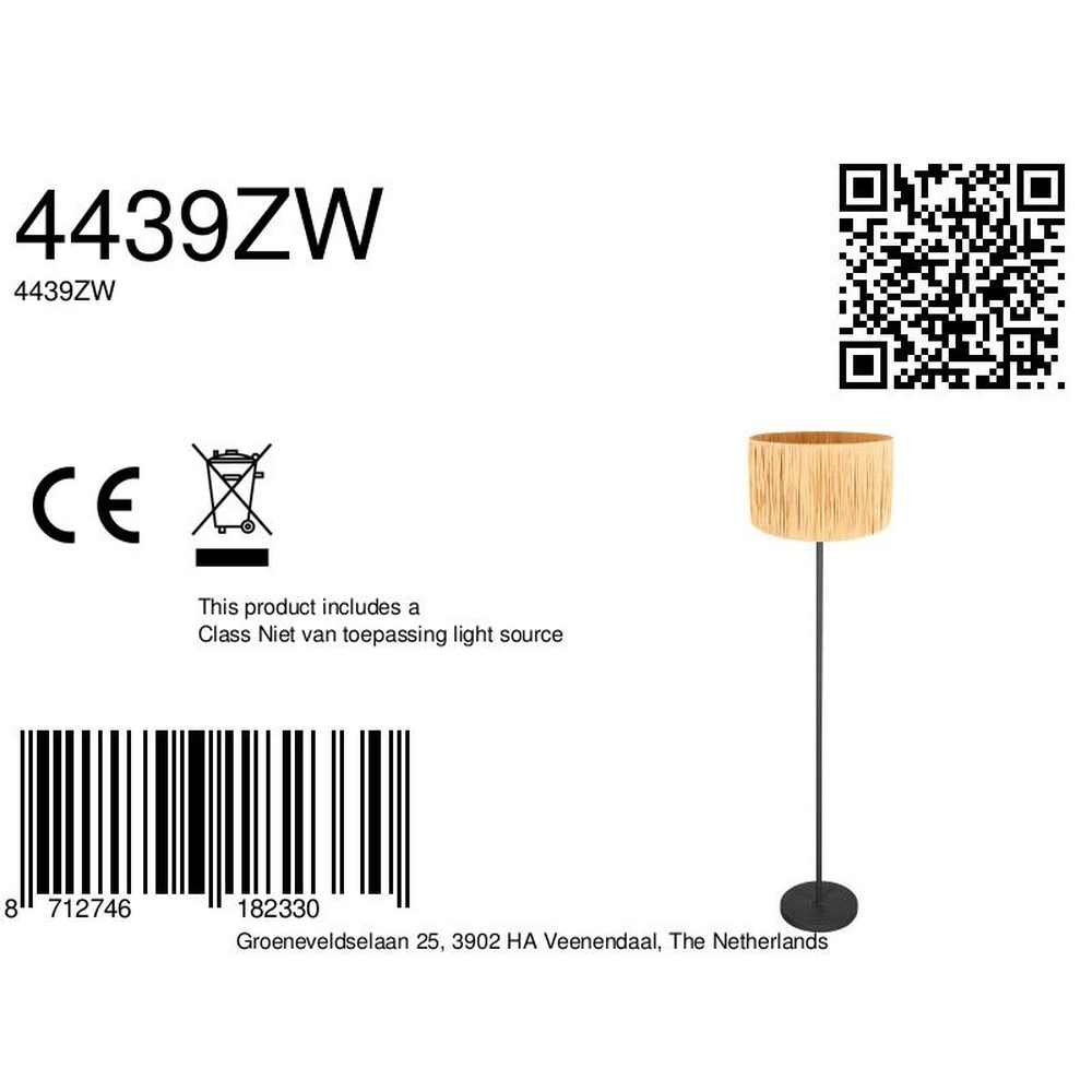 Zwarte vloerlamp Noor met stro kap Steinhauer 8712746182330