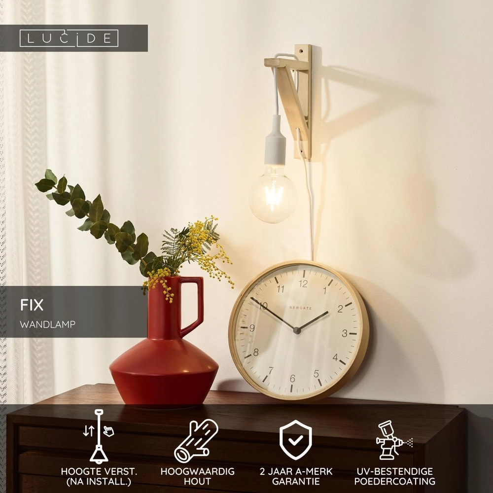 Houten wandlamp Fix met wit snoer Lucide 5411212082831