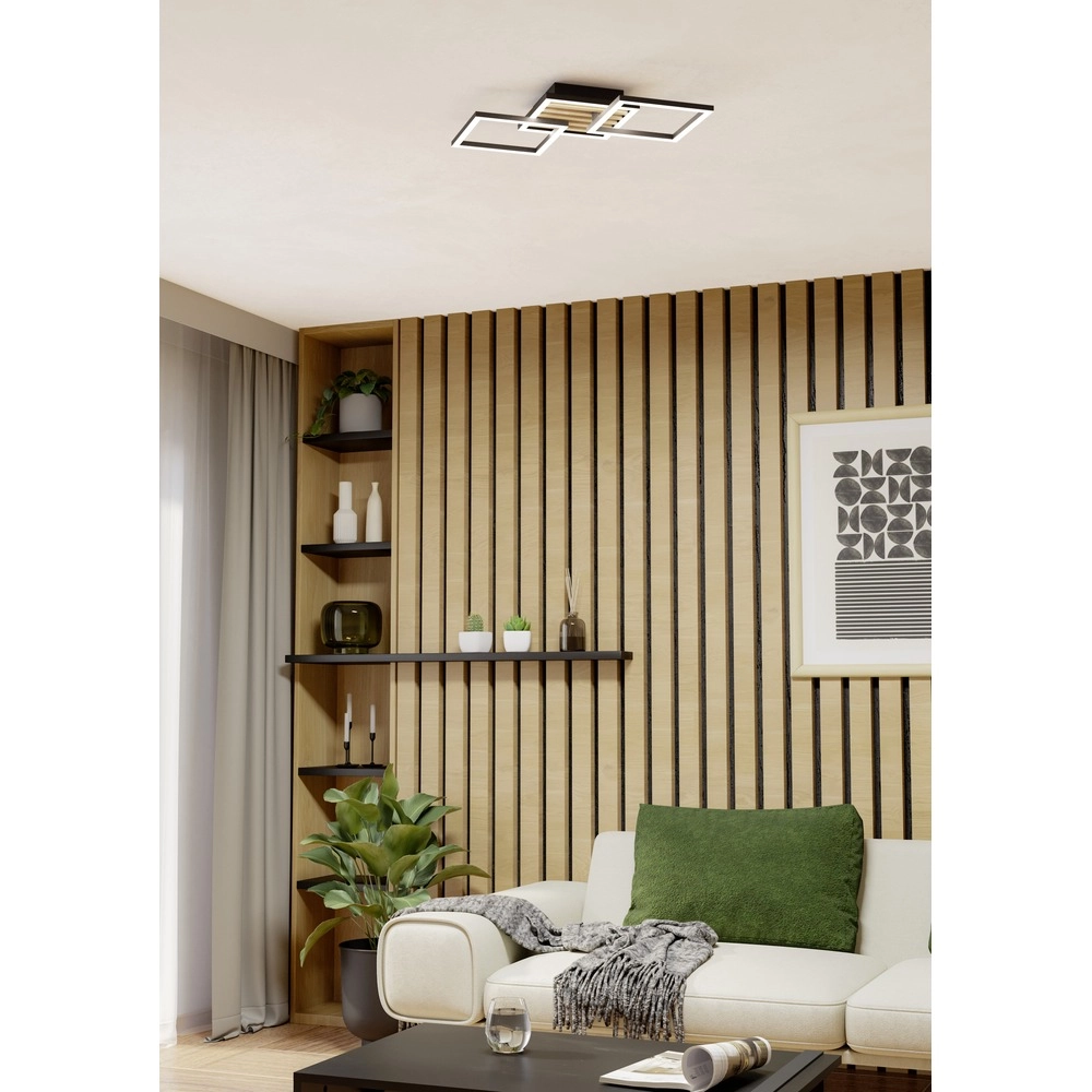 Moderne plafondlamp Cembrano zwart met hout vierkant 65,5cm Eglo 9008606388233