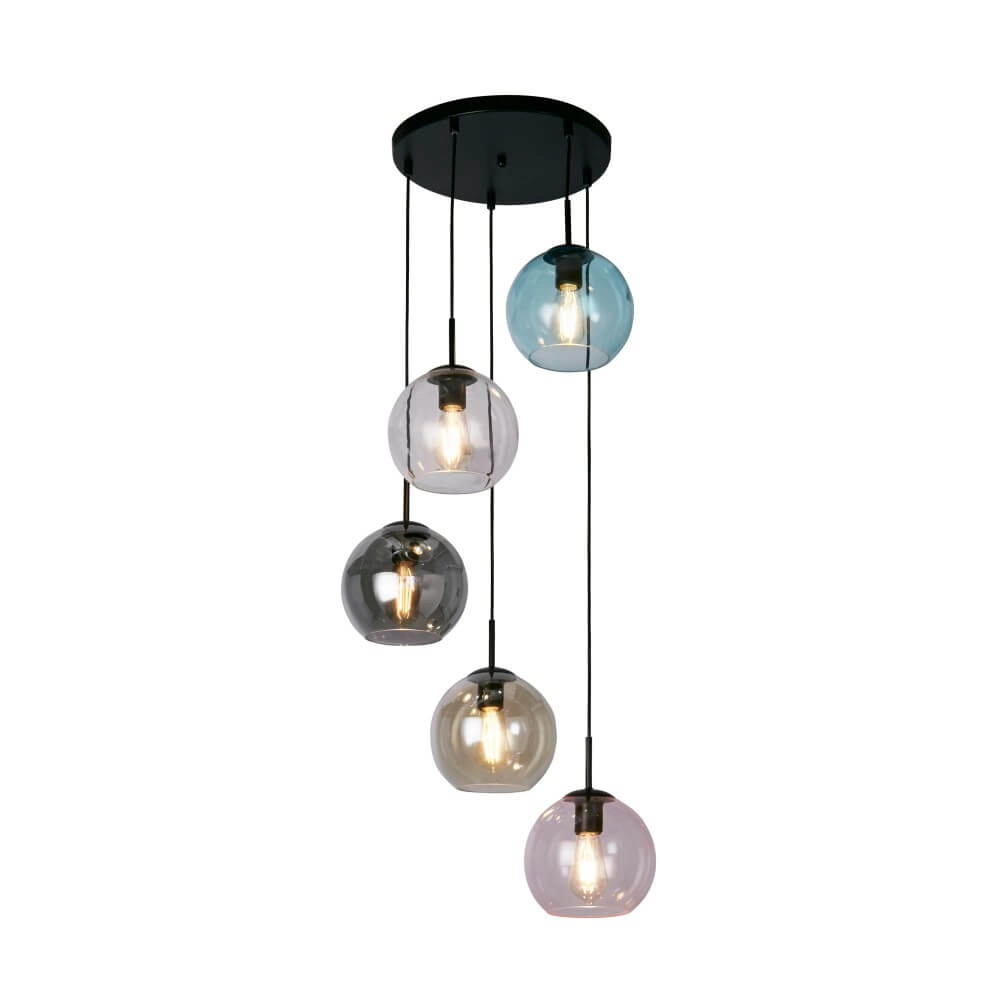 5-lichts hanglamp Mardi Gras II met meerdere kleuren glas Searchlight 5053423243818