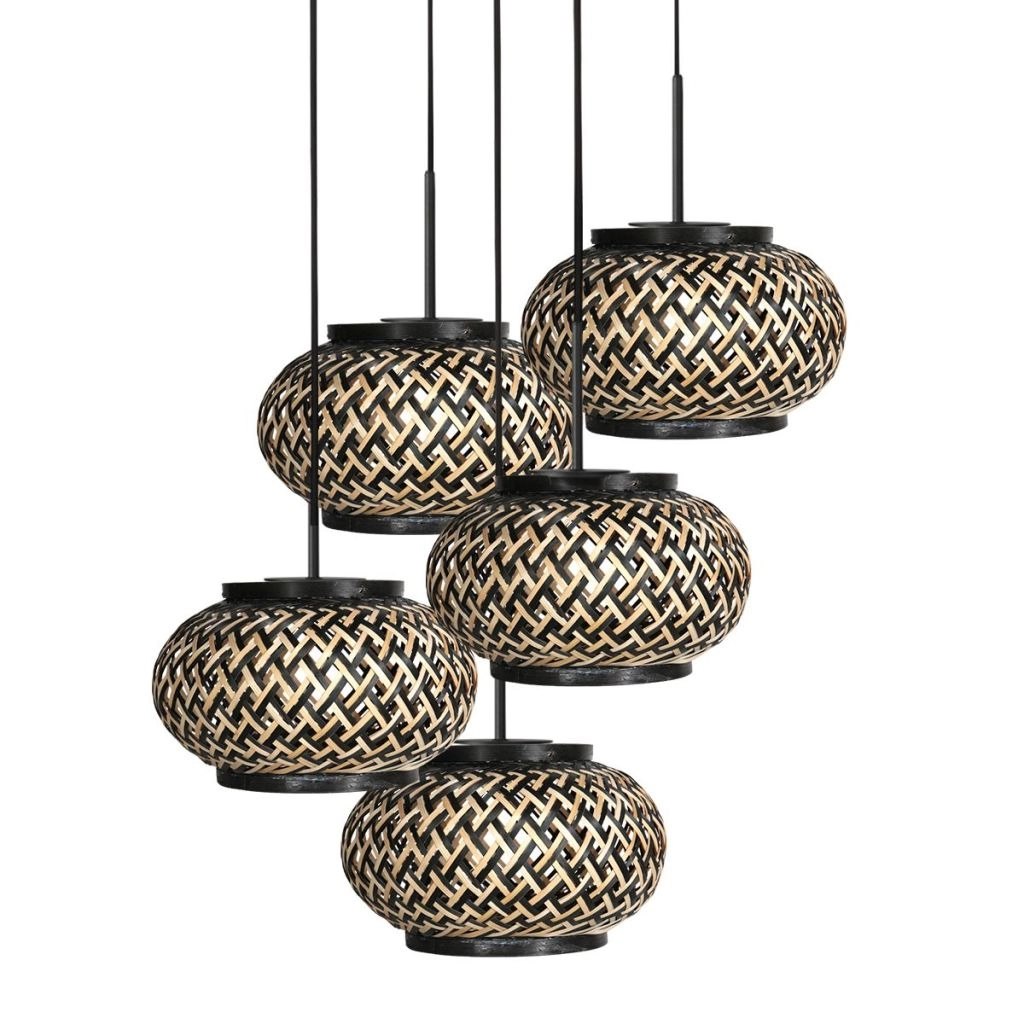 5-lichts hanglamp Nox Light met bamboe kappen Steinhauer 8712746183177