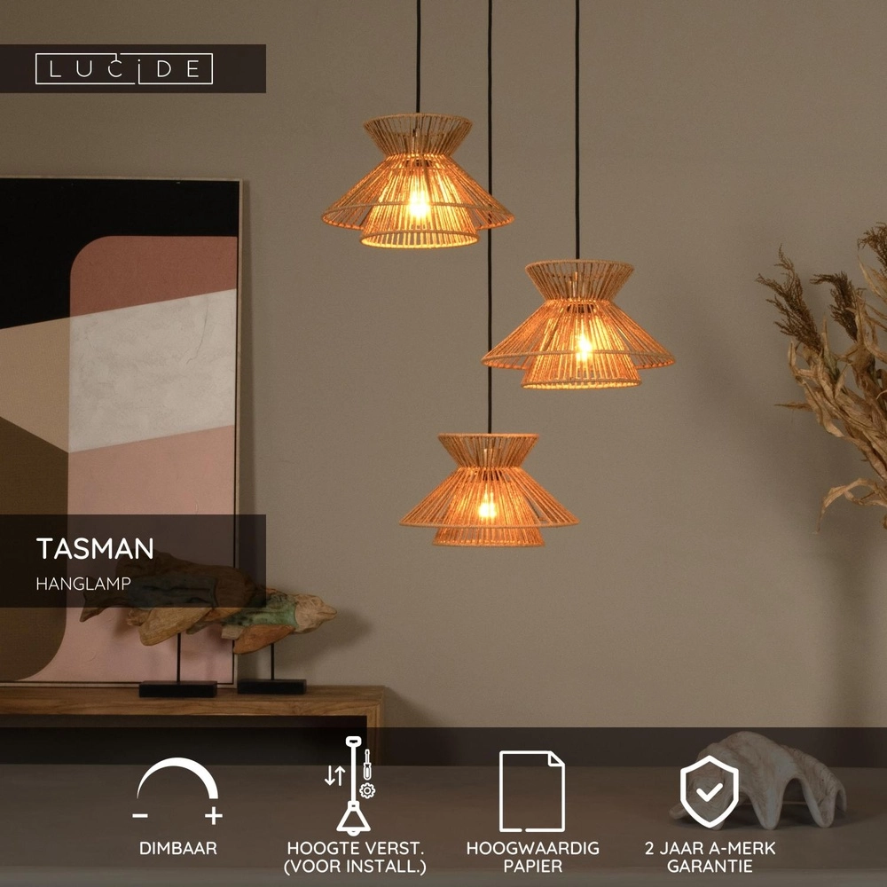 Hanglamp Tasman 3-lichts rotan Lucide 5411212105998