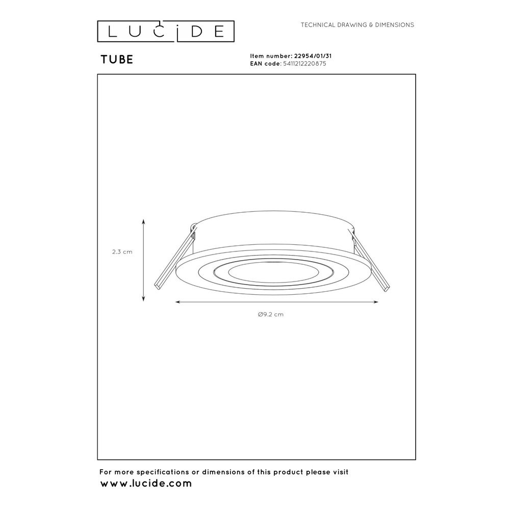 Inbouwspot Tube wit Ø 9,2cm Lucide 5411212220875