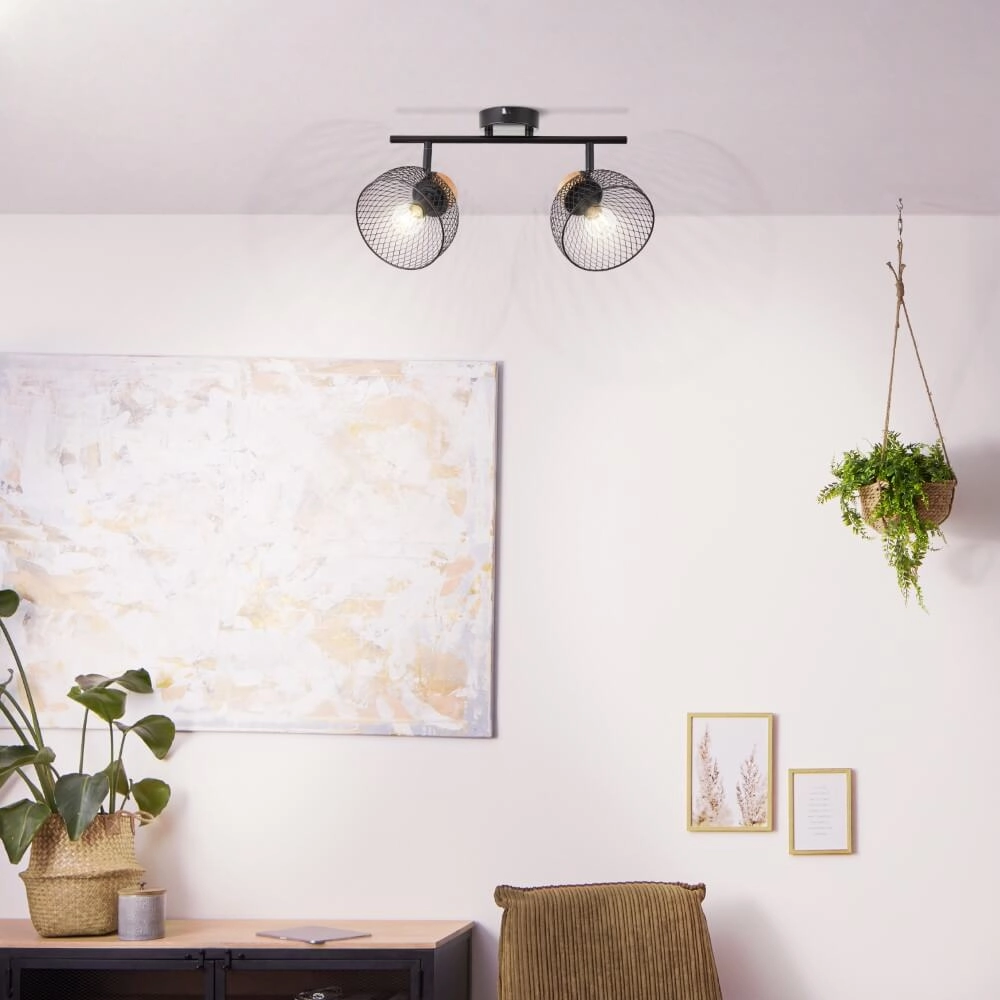 2-lichts plafondlamp Thuy zwart met hout Brilliant 4004353409578