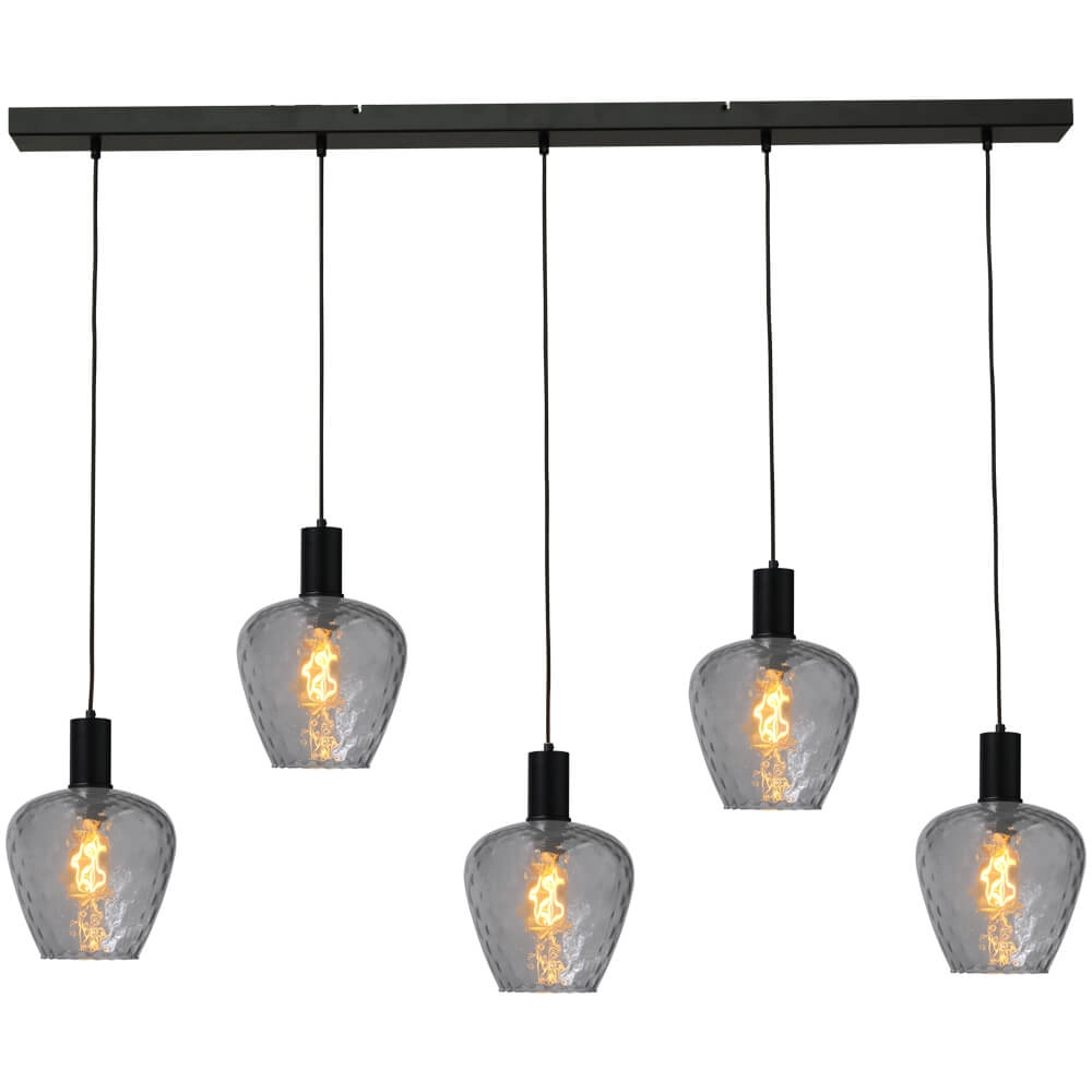 5-lichts hanglamp - zwart - Porto met Diamond smoke glazen