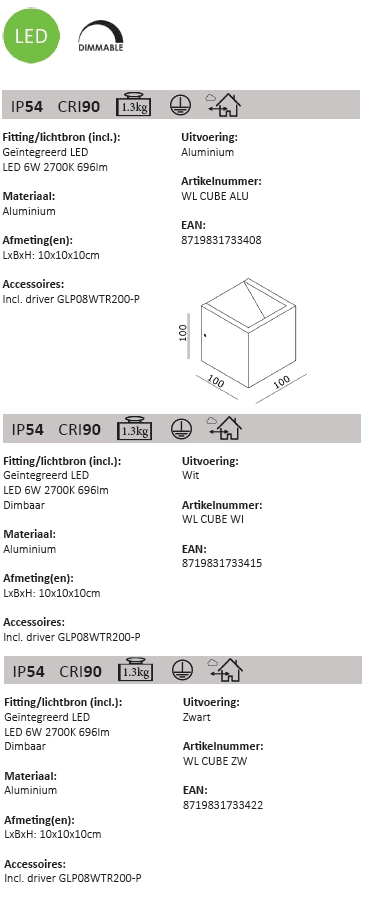 LED wall spot Cube 10cm aluminum Artdelight 8719831733408