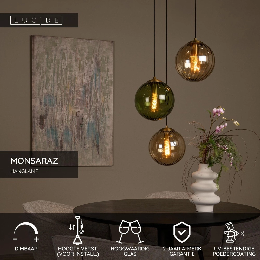 Design hanglamp Monsaraz groen en amber glas Lucide 5411212452412