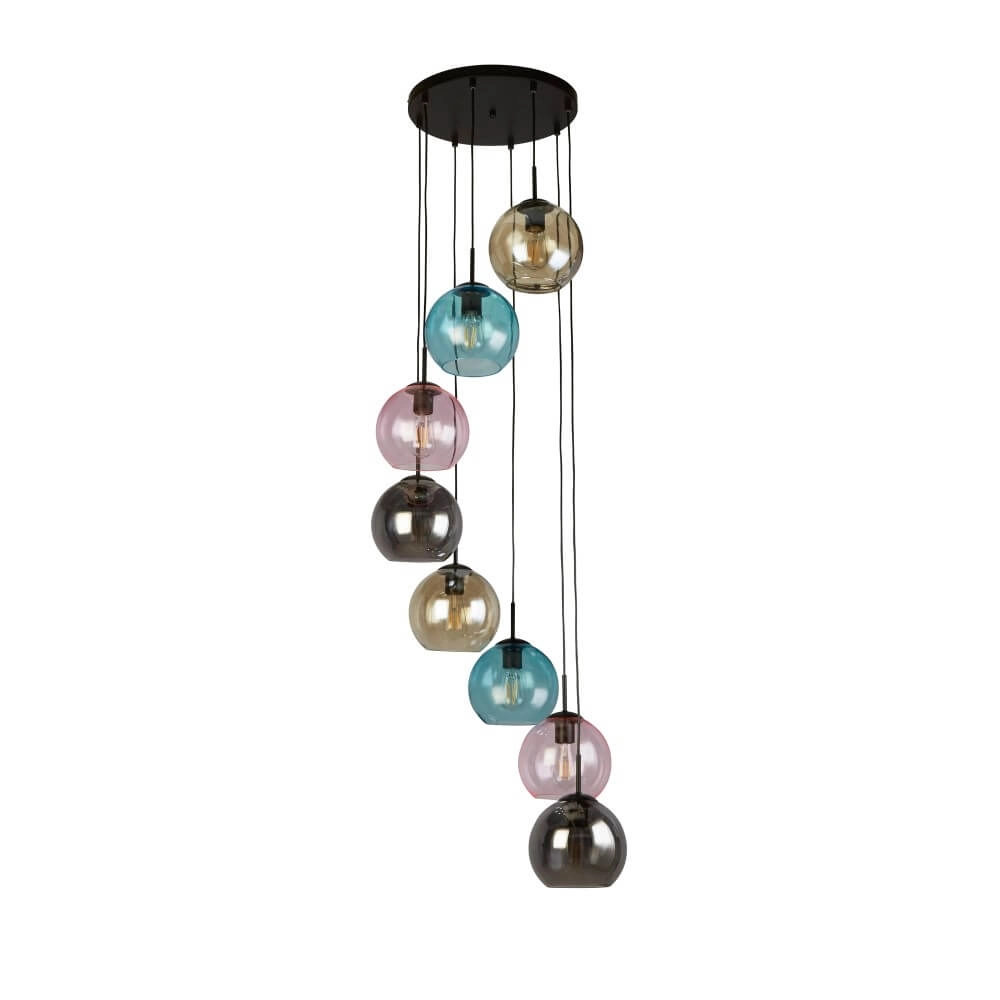 8-lichts hanglamp Mardi Gras II met meerder kleuren glas