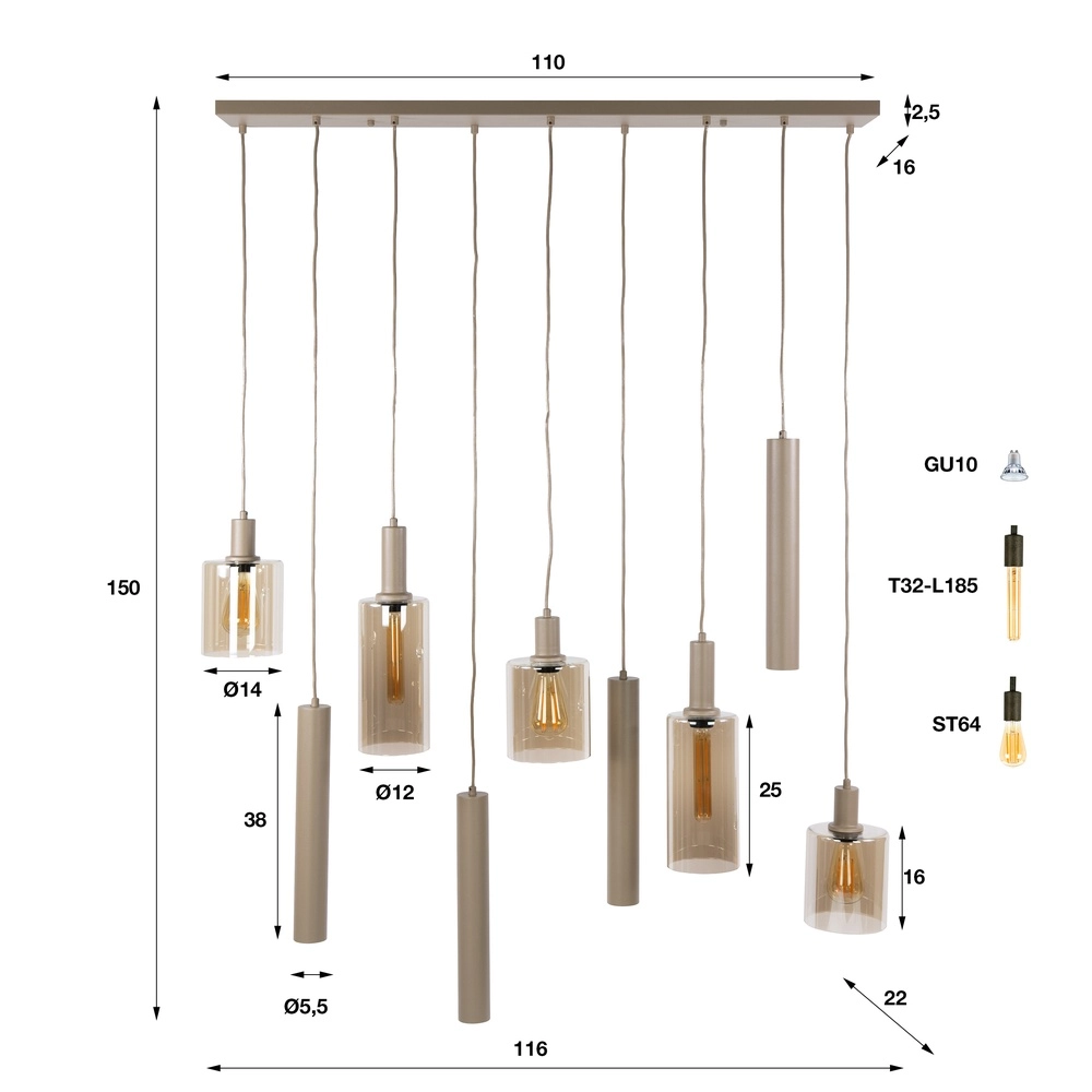 Design hanglamp Sepiora 9-lichts zand bruin Lyora 8716803515307