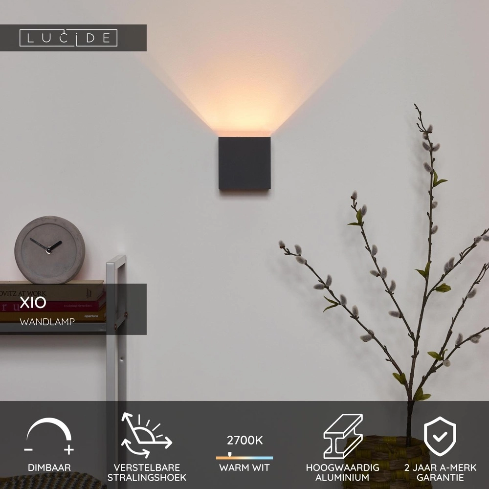 Vierkante wandspot Xio 2700K grijs Lucide 5411212091901
