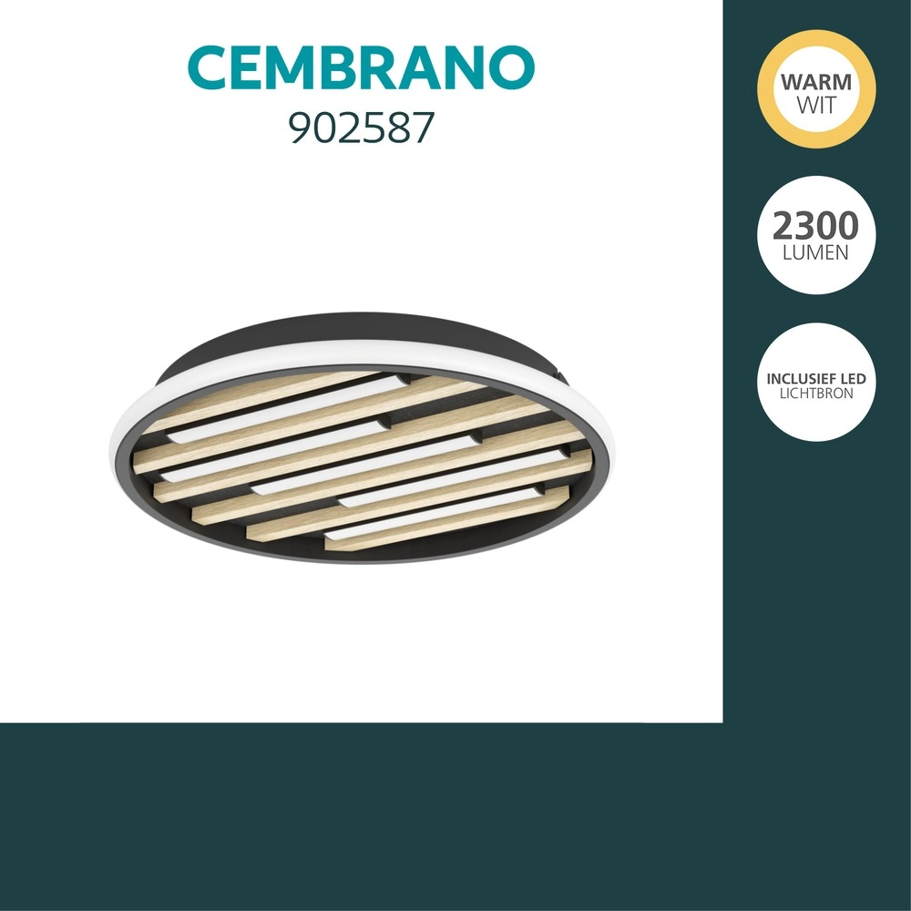 Moderne plafondlamp Cembrano rond zwart met hout Eglo 9008606388134