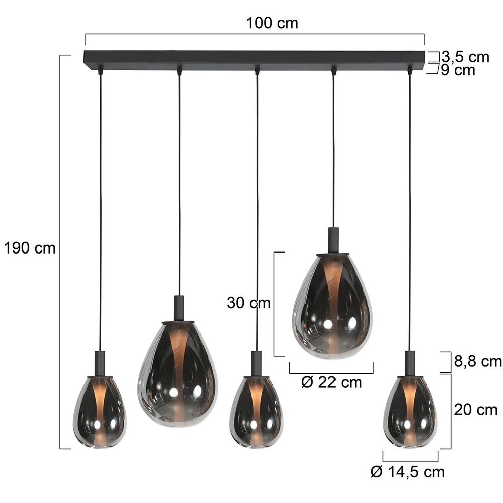 Hanglamp Glimsy 5-lichts zwart met smoke glas Steinhauer 8712746177954