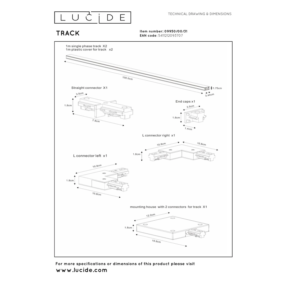 Starterset railverlichting Track 1-fase wit Lucide 5411212093707