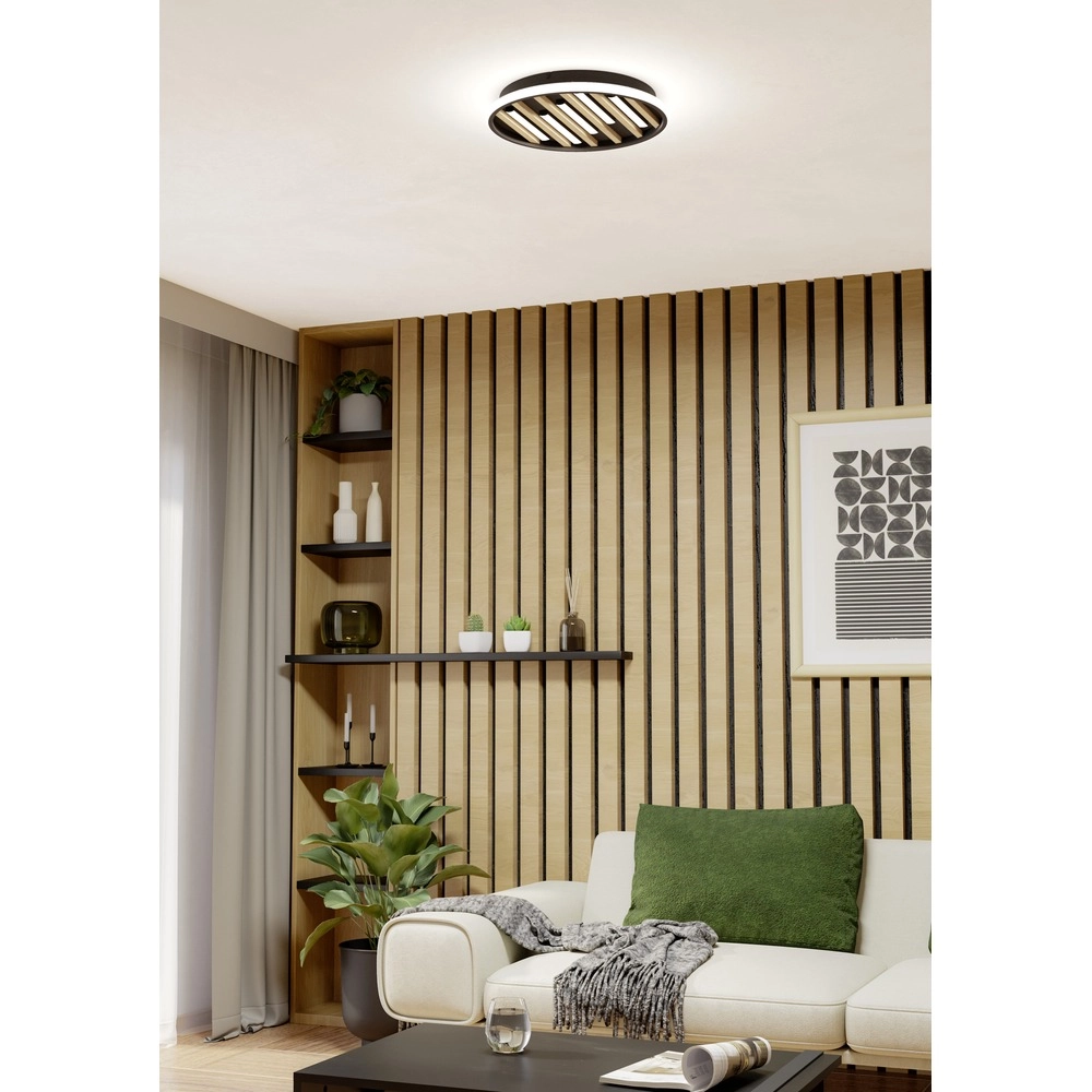 Moderne plafondlamp Cembrano rond zwart met hout Eglo 9008606388134