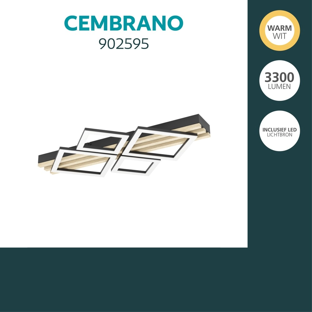Moderne plafondlamp Cembrano zwart met hout vierkant 72cm Eglo 9008606388202
