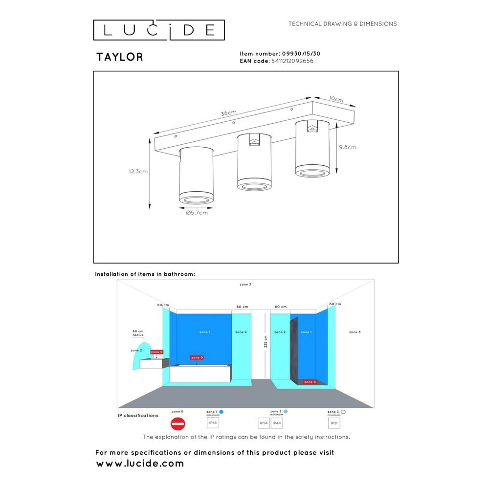 Plafondspot Taylor IP44 3-lichts zwart Lucide 5411212092656