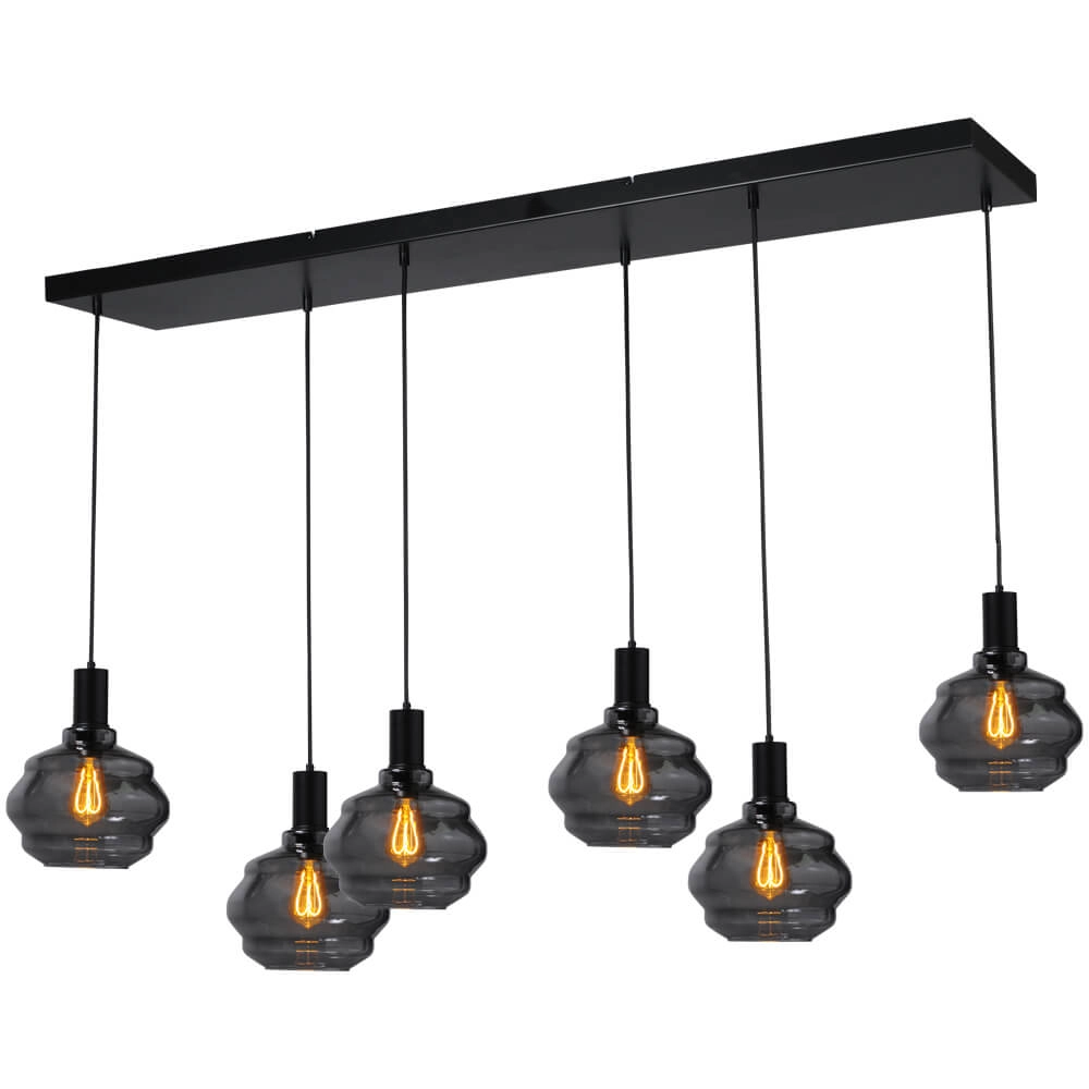 6-lichts hanglamp - zwart - Porto met Ball smoke glazen