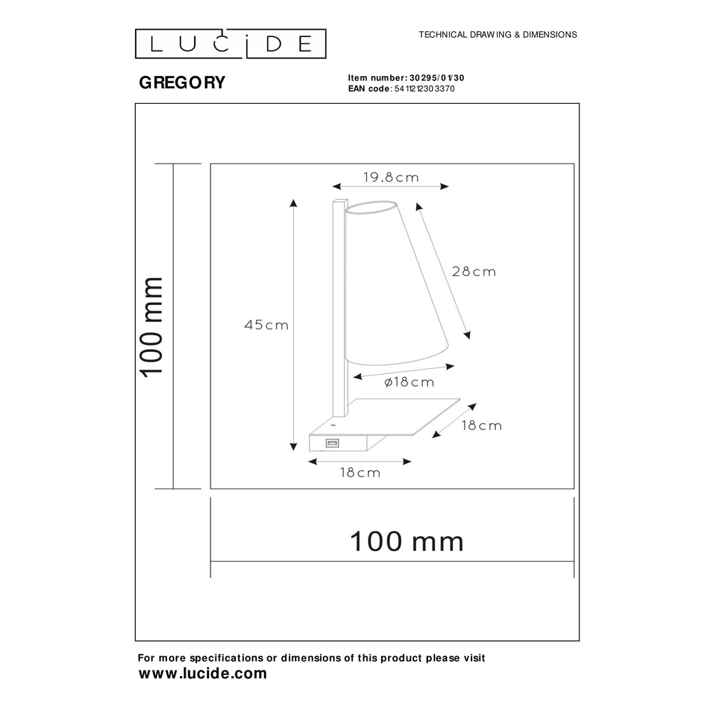 Design bedlampje Gregory zwart met USB oplaadpunt Lucide 5411212303370