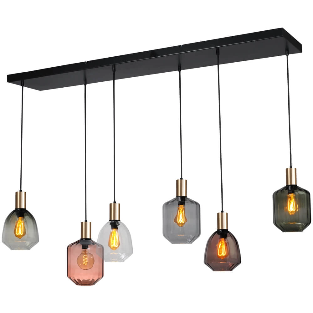 6-lichts hanglamp - goud - Porto met verschillende glazen