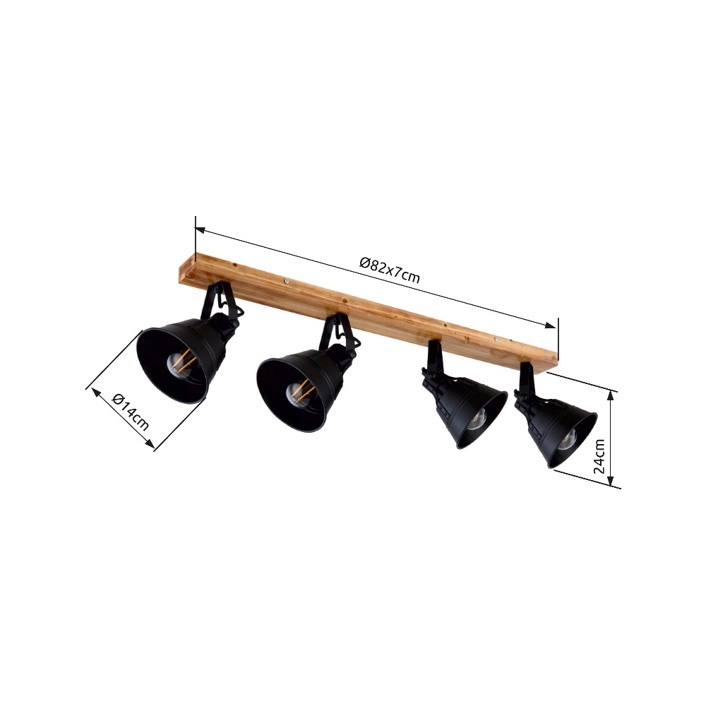 Landelijke plafondlamp Günther 4-lichts zwart met hout Globo 9007371404735
