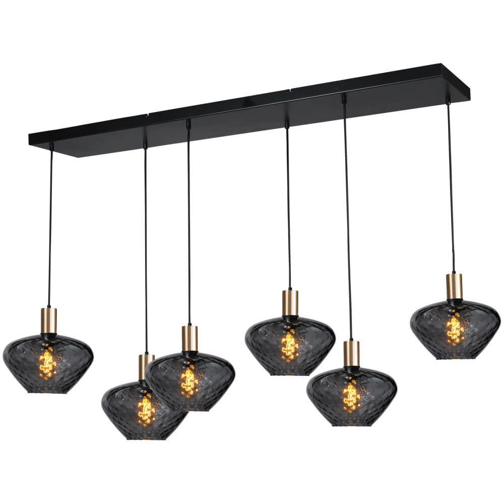 6-lichts hanglamp - goud - Porto met Blossom smoke glazen