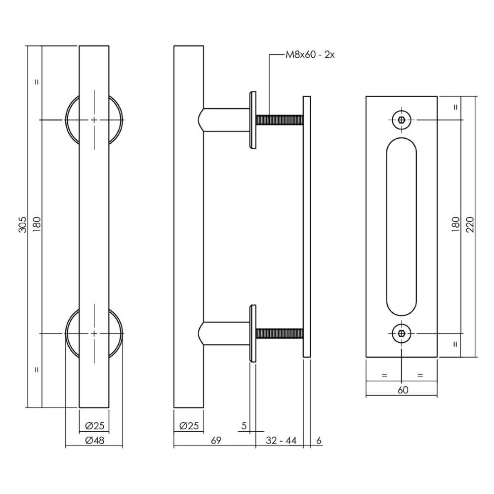 Deurgreep T-vorm Gripon met schuifdeurkom zwart Intersteel 8714186519493