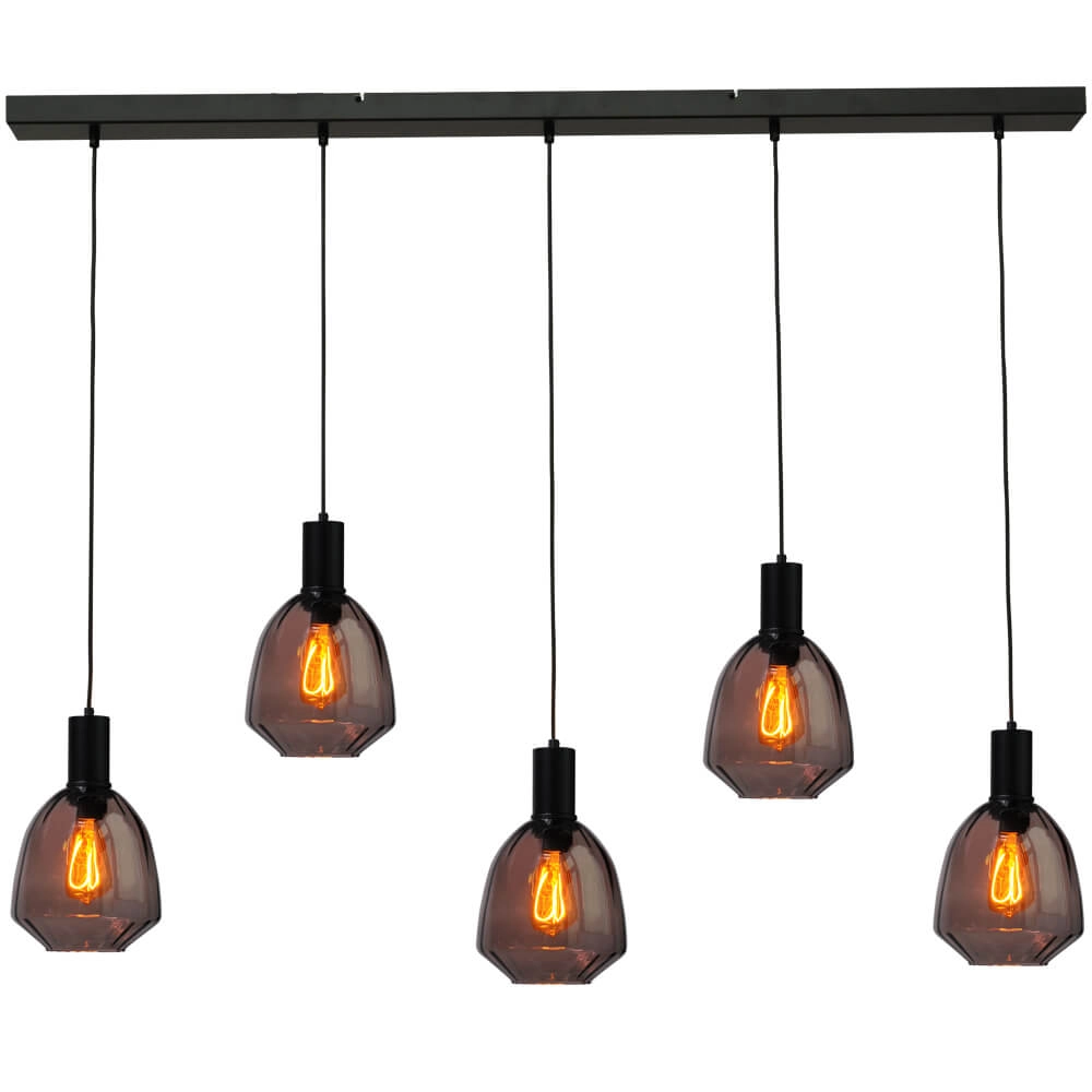 5-lichts hanglamp - zwart - Porto met Nicolette red glazen