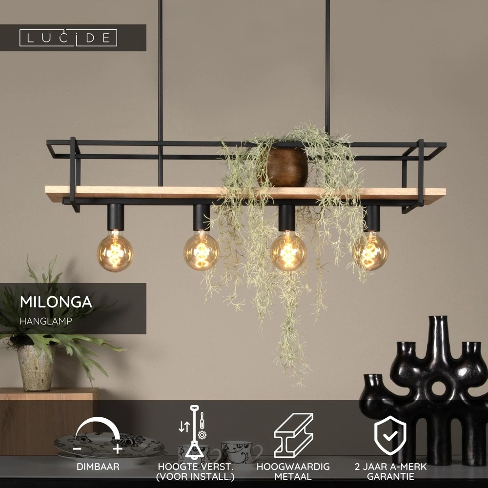 4-lichts hanglamp Milonga zwart met hout Lucide 5411212211750