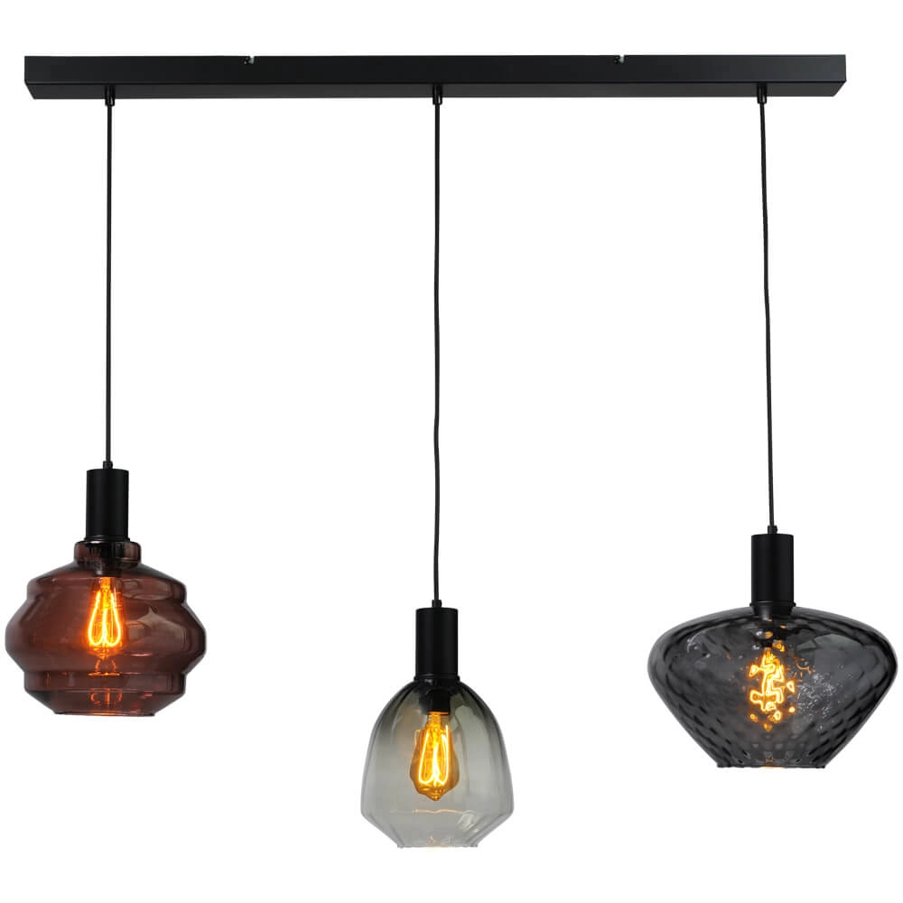 3-lichts hanglamp - zwart - Porto met verschillende glazen