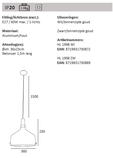 Zwart met houten hanglamp Cornet Artdelight 8719831730889