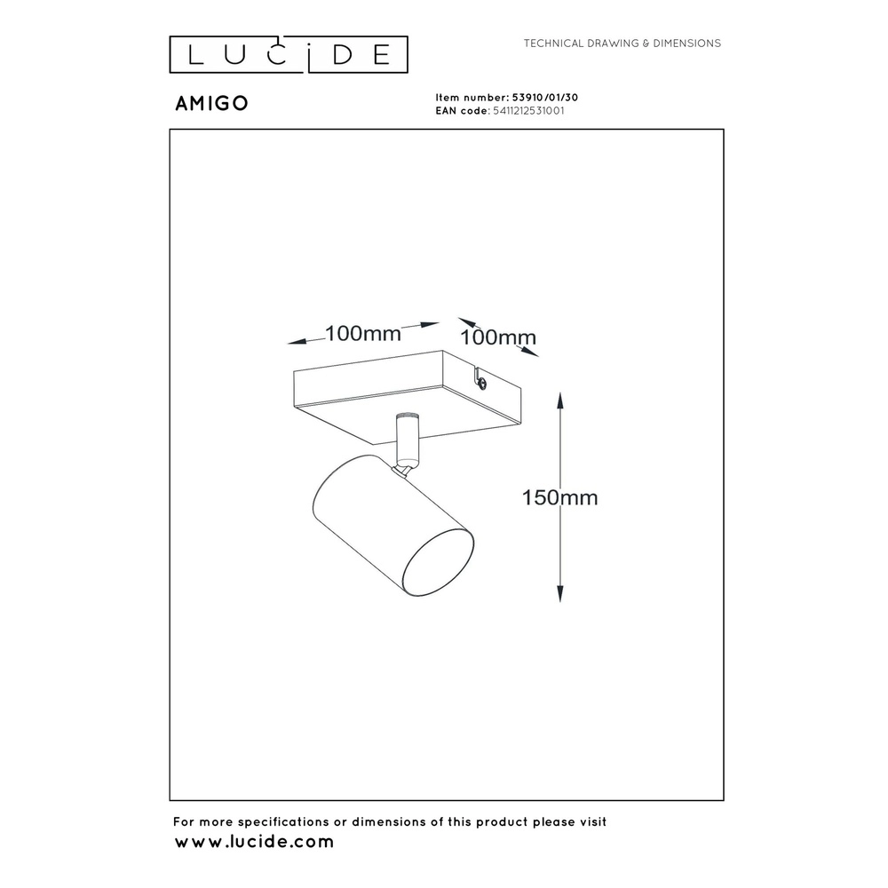 Plafondlamp Amigo enkel zwart Lucide 5411212531001