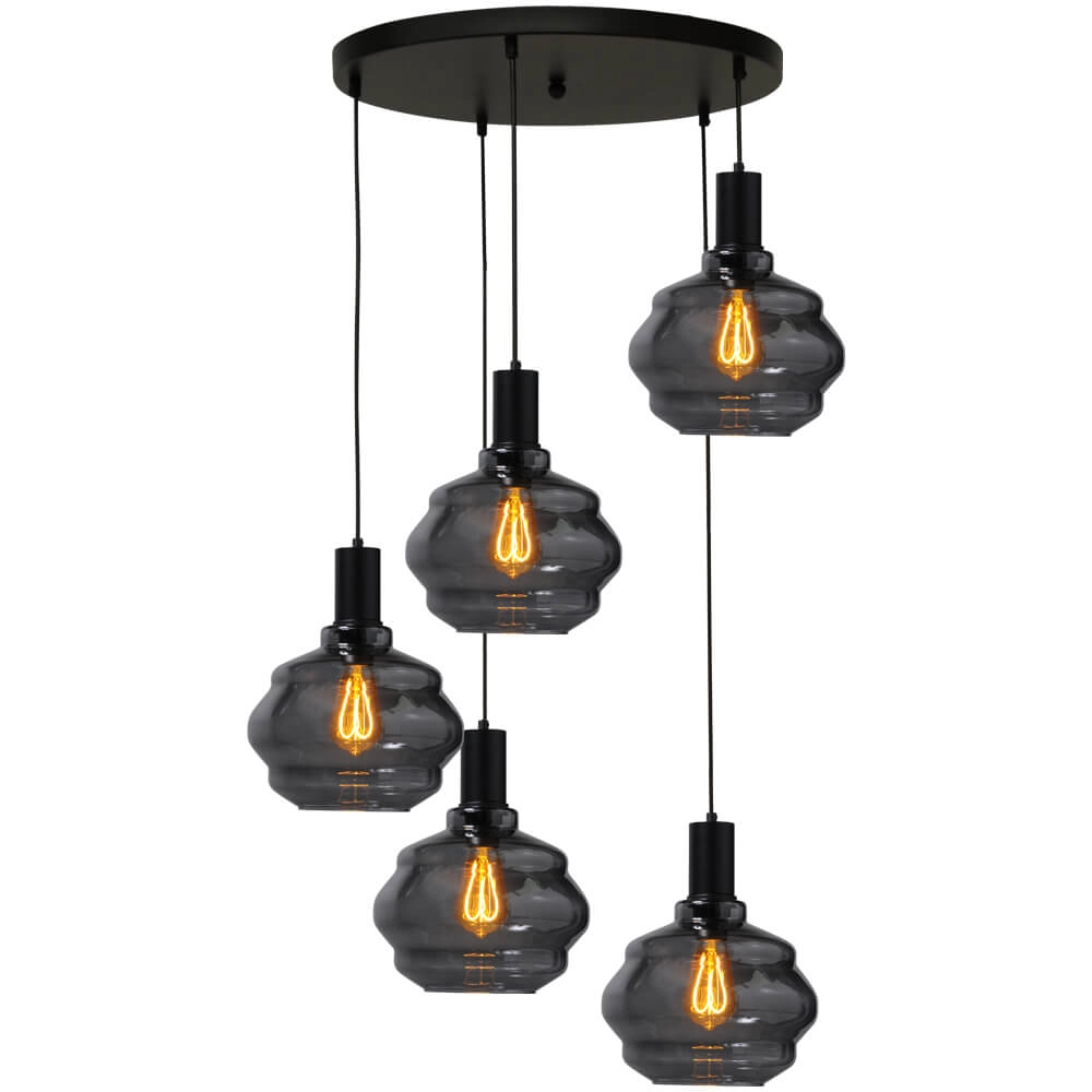 5-lichts vide hanglamp - zwart - Porto met Ball smoke glazen - Ø 24cm