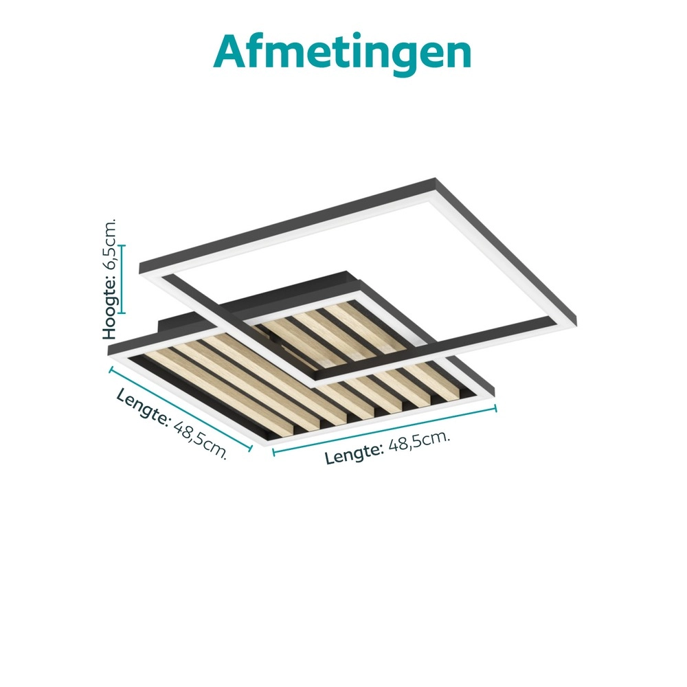 Moderne plafondlamp Cembrano zwart met hout vierkant 48,5 x 48,5 cm Eglo 9008606388226