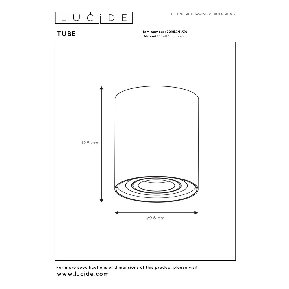 Opbouw plafondspot Tube zwart Ø 9,6cm Lucide 5411212221278
