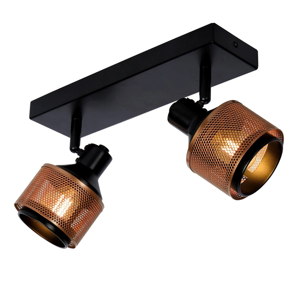 Plafondlamp Rafa 2-lichts zwart met koper Lucide 5411212771292